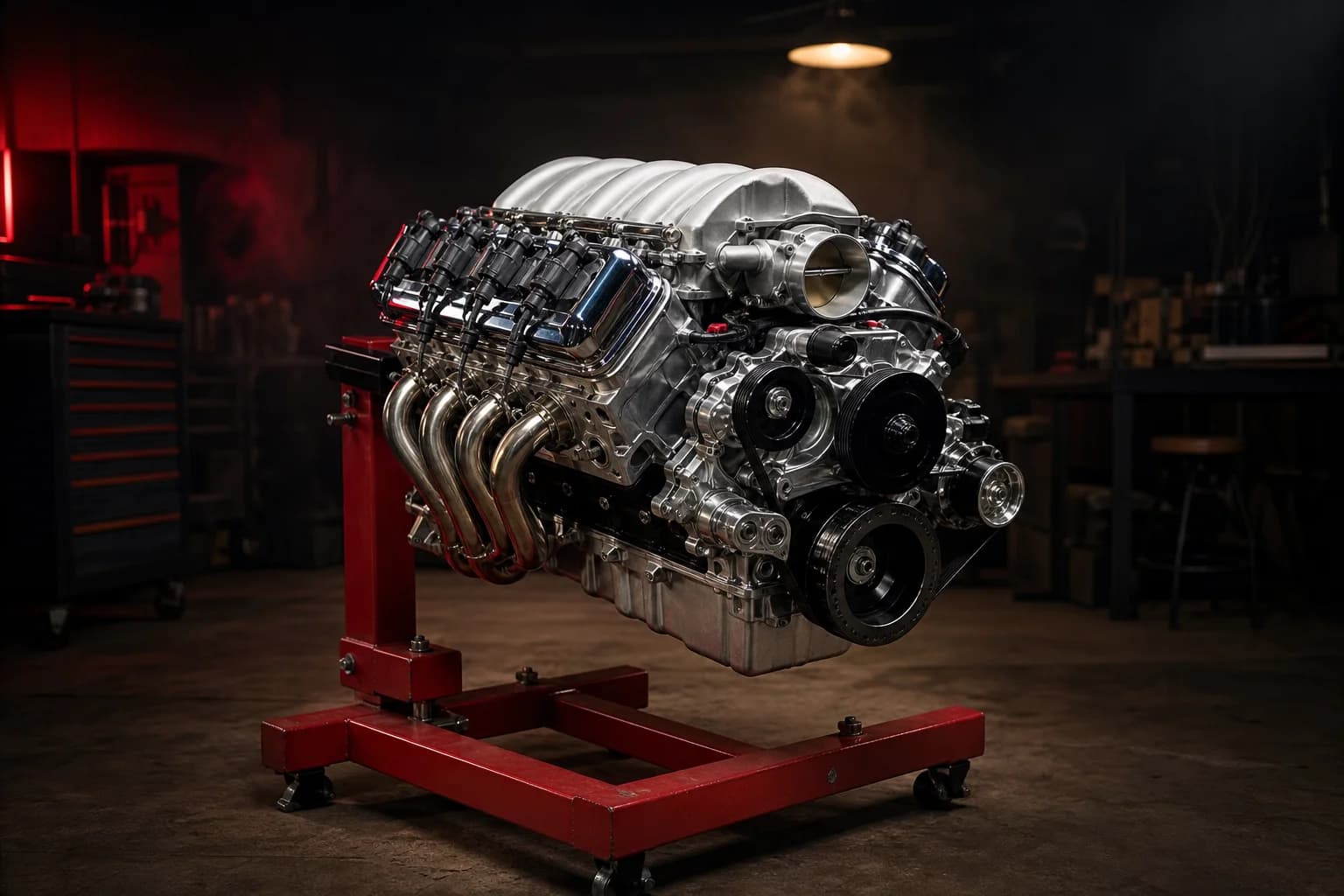 LS3 V8 engine mounted on a workshop engine stand