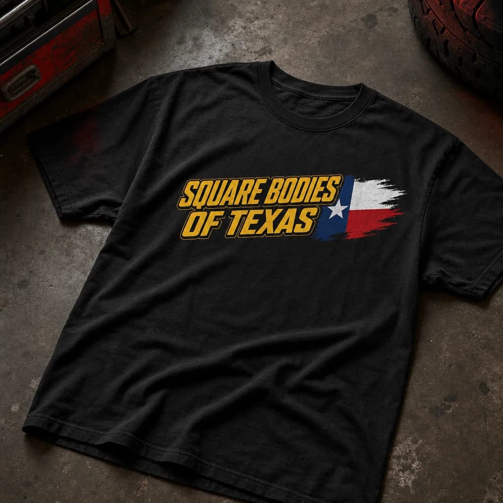 Square Bodies of Texas logo t-shirt on a workshop floor